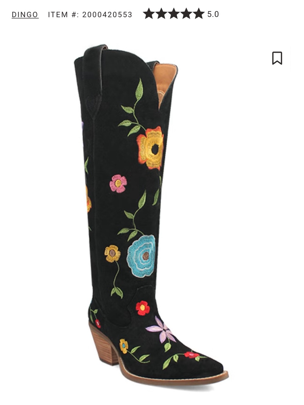 8.5 New Dingo Black Suede floral flowers embroidered Western boots boho vintage